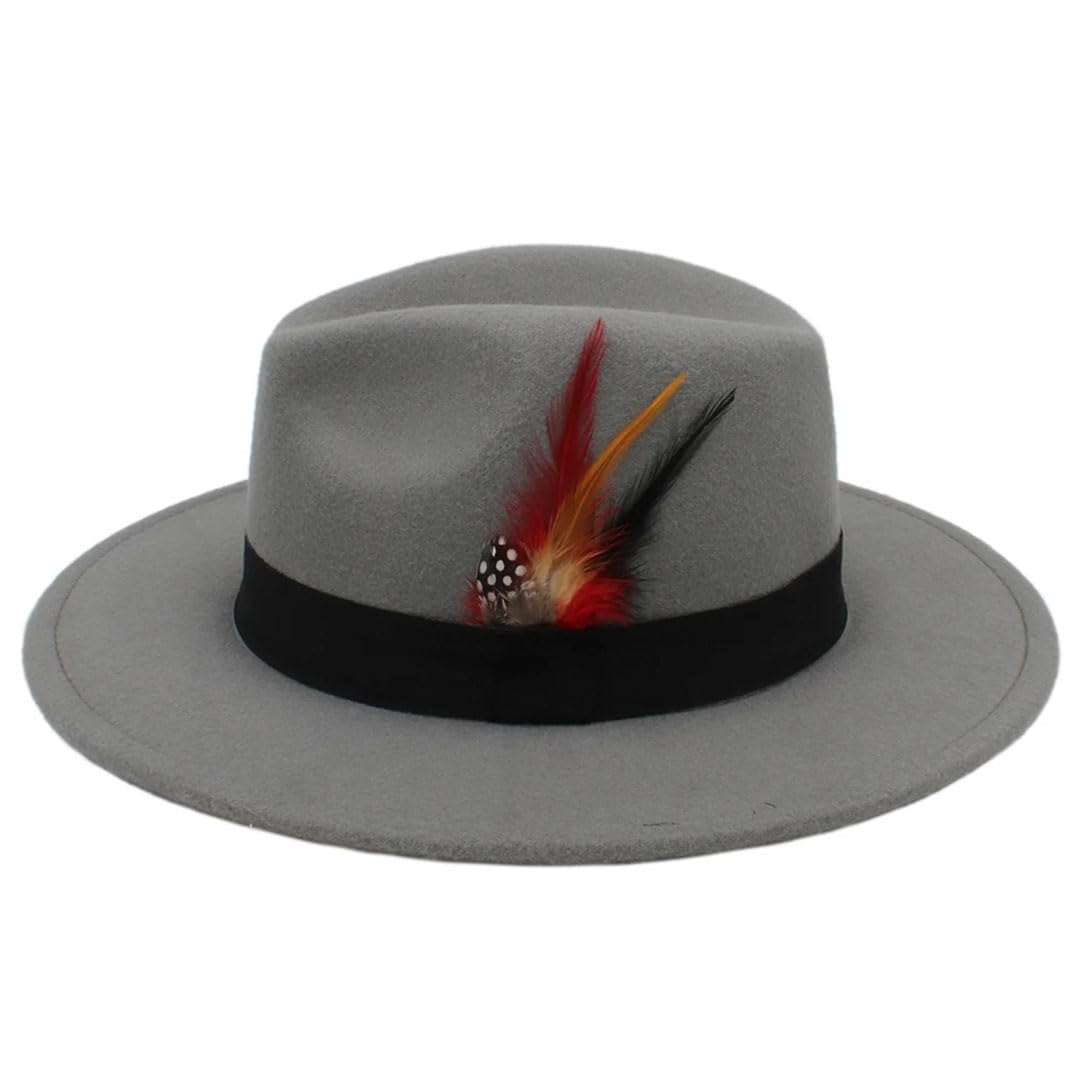 Cappelli Panama in lana da uomo e da donna, a tesa larga, con fascia con piume, stile classico per feste