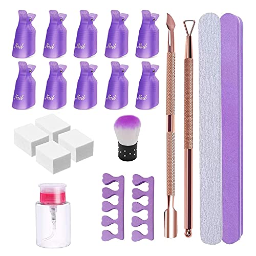 Nail Polish Remover Tools Set, 10pcs Nail Clip Caps, 2pcs Nail File, 100pcs Nail Remover Cotton Pads, 1pc Brush, 2pcs Sponge Finger Separator, 2 Cuticle Scraper and Pusher,1pc Pump Dispenser Bottle