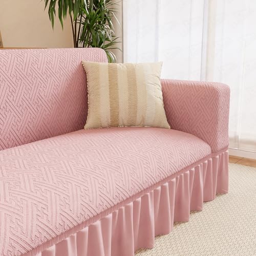 Image of Lukzer 2 Seater Jacquard Sofa Cover with 360 Frill Skirt - Pastel Pink Grid Maze | 240 GSM Stretchable Anti-Slip Fully Covered Universal Couch Cover for Living Room (140-180CM /SC-108-02F)