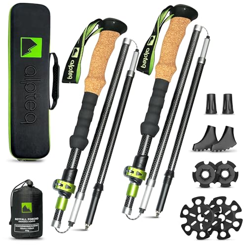 Alpteq® Bastones de senderismo de carbono plegables con mango de corcho, bastones de trekking para deportes de montaña, bastones de marcha nórdica para hombre y mujer, ultraligeros y ajustables con