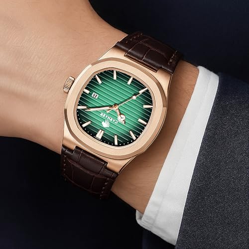 Image of Men Octagonal Rose Gold Luxury Watch for Boy Black Striped Dial, Date Display, Luminous Markers, 30M Waterproof, Leather Strap, Quartz Movement