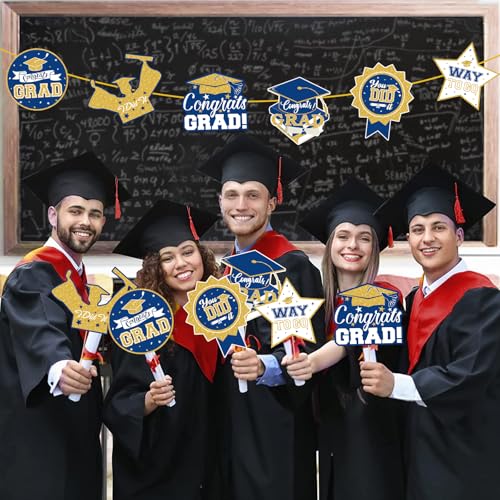 Image of 2026 Graduation Party Decorations - 24 Pcs Class of 2026 Congrats Grad Table Centerpieces Graduation Table Decorations Sticks Table Toppers for Graduation Party (Blue Gold)