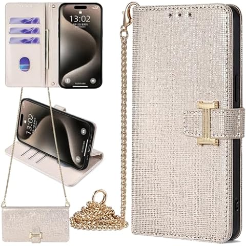 GuluGuru for Nokia G400 Bling Phone Case with Metal Shoulder Strap, Sparkly Shiny Checkered Folio Flip Cover Women Girl, Magnetic Buckle, Card Holder Cash Slot, Stand Support White Cover
