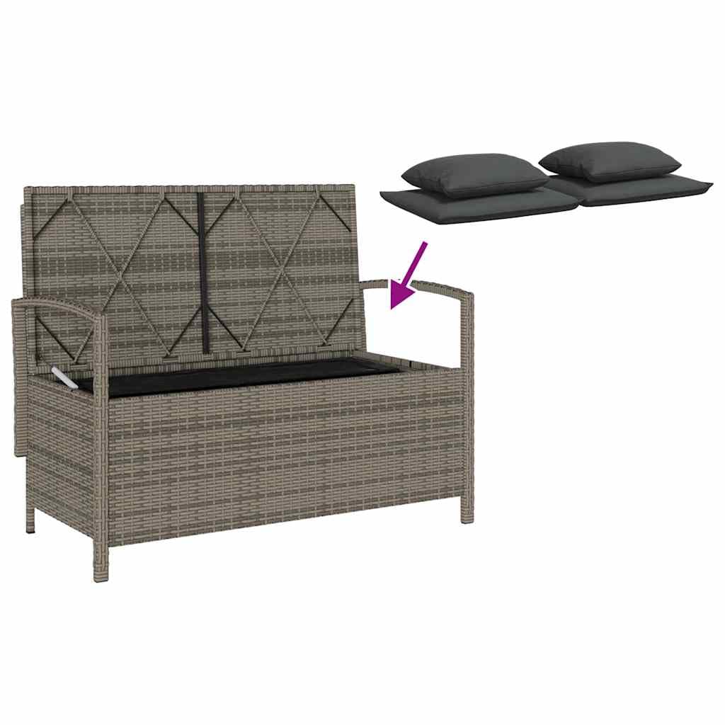 Panca da giardino in polyrattan grigio con vano portaoggetti e cuscino, panca con cuscino imbottito spesso e rivestimento rimovibile e lavabile, poltrona da giardino con borsa impermeabile