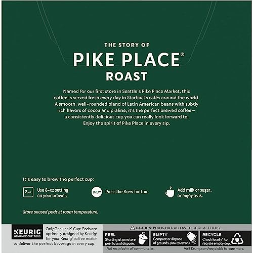 Image of Starbucks Coffee K-Cup Pods for Keurig Brewers, Pike Place Roast, Medium Roast (32 Count (Pack of 6))