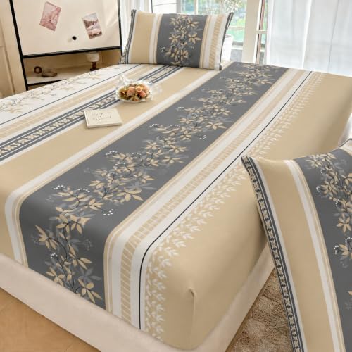 Image of VOMZER Queen Size (60x78) 300 TC Soft Cotton Feel Microfiber All Around Elastic Fitted Double Bedsheet with 2 Pillow Covers | Grey Vine