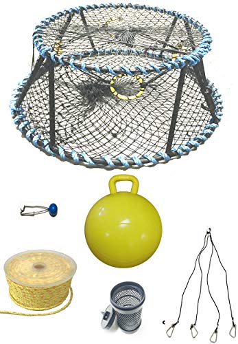 KUFA Sports Vinyl Coated Heavy Duty Tower Style Prawn Trap with 400' Rope, Yellow Float, Vented Bait Jar & Harness Combo (CT130+PAP56+HA5)