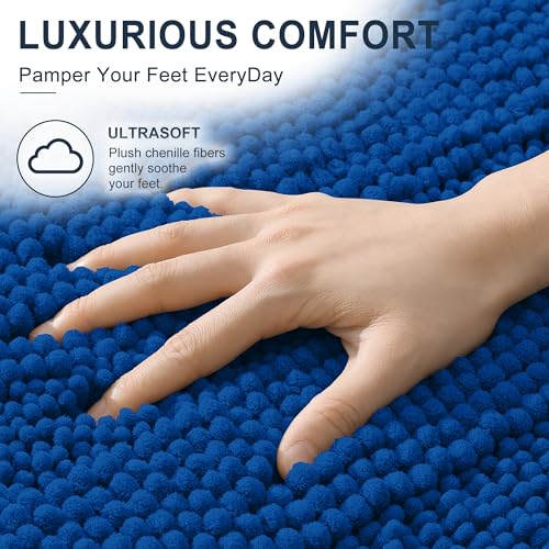 Image of Smiry Thick Chenille Bathroom Rugs 36x24, Extra Absorbent Striped Bath Mat, Machine Washable, Rubber Backing, Bath Rugs for Bathroom, Tub & Shower, Home Decor Accessories, Deep Navy Blue