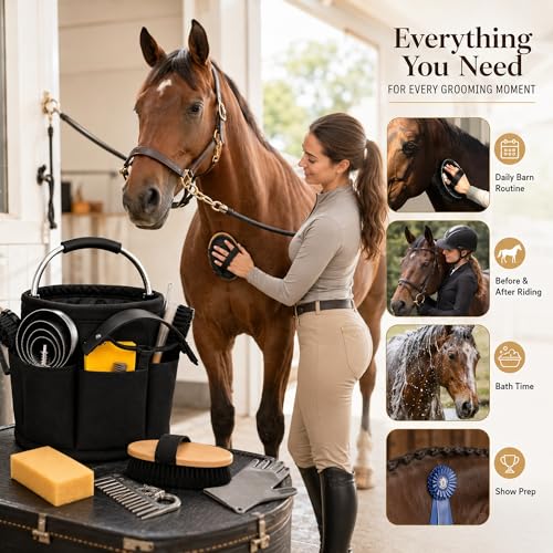 Horse Grooming Kit, 15-Piece Horse Brush Set with Tote Bag, Long Shedding Blade, Hoof Pick, Curry Comb, Sweat Scraper, Mane and Tail Comb, Gloves, Equine Grooming Supplies, Black - Image 4