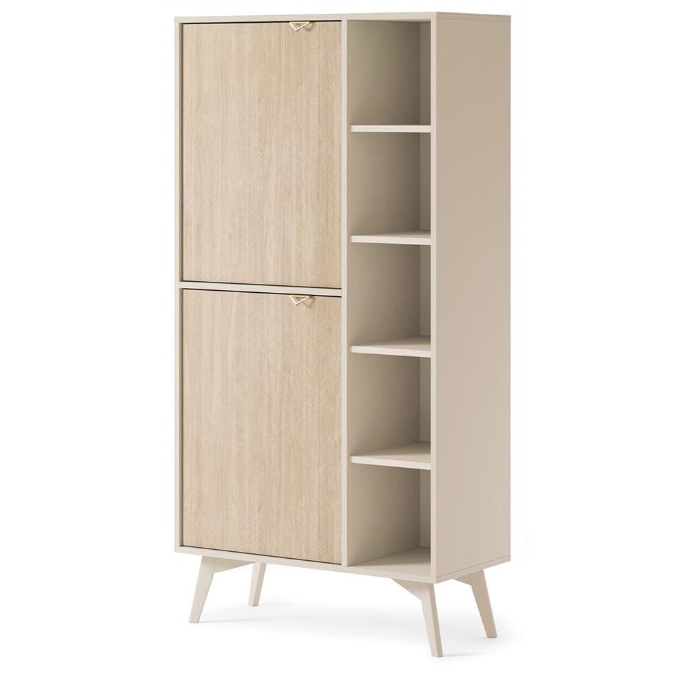 Lomadox Wohnmöbel Set Wohnwand beige, Front mit Fischgrätenmuster, 3-teilig, 1 Lowboard, 1 Regal, 1 Kommode