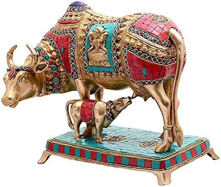 AONA Beautiful Lucky Figurine - Nandi Kamadhenu Cow Kamdhenu Cow and Calf Brass Sculpture (9x11x5 inch)