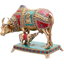 Aone Aona Beautiful Lucky Figurine - Nandi Kamadhenu Cow Kamdhenu Cow And Calf Brass Sculpture 9X11X5 Inch