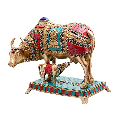 Aona Beautiful Lucky Figurine - Nandi Kamadhenu Cow Kamdhenu Cow And Calf Brass Sculpture (9X11X5 Inch) #TOP17
