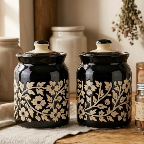 Image of D'Maiolica Ceramic Handmade Pickle Jars in 1000ml (set of 2) | Floral Bale 1 kg Achaar Martban | Ceramic Jadi for Kitchen Storage (Set of 2) | Jars for Achar, Spices, Salt (Regal Black Blossom)