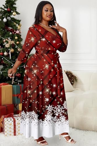 Image of Runwind Plus Size Dress for Women - 3 /4 Sleeve V Neck Maxi Dresses for Women (XL-6XL)