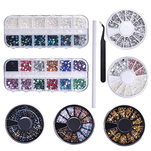 BYBYCD 3D Nail Art Rhinestones 3D Nail Jewelry Decoration Glass Crystal Flatback Nail Gems Gold Silver AB Color Mix Style with Tweezer, Drill Pen
