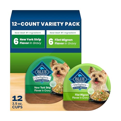 Blue Buffalo Delights Variety Pack Natural Grain Free Wet Dog Food for Small Breed Dogs (Filet Mignon Flavor & New York Strip Flavor) in Gravy with Natural Ingredients, 3.5-oz. Each (12 Cups)