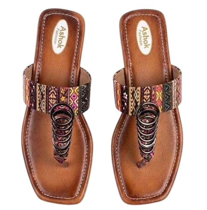 Synthetic Slip-On Flats for Women | Flat Sandals with Aztec-Printed Woven Upper, Toe Strap & Metal Detail | Comfortable Leather Footbed, Lightweight Footwear for Ethnic Outfits (Brown)-image-24