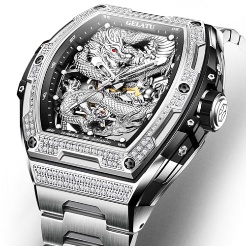 Image of OLEVS Automatic Men's Watches Fashion Diamond Dragon Skeleton Mechanical Self Winding Tourbillon Stainless Steel Waterproof Luminous Watches for Men