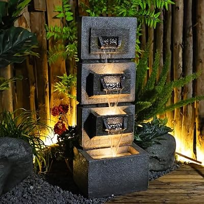 SERSERBILHOME 34.84” Water Fountain Outdoor LED Lights and Pump Water Fountains Indoor Floor-Standing Waterfall Outdoor Fountain for Garden Porch,Deck, House, Office Art Décor