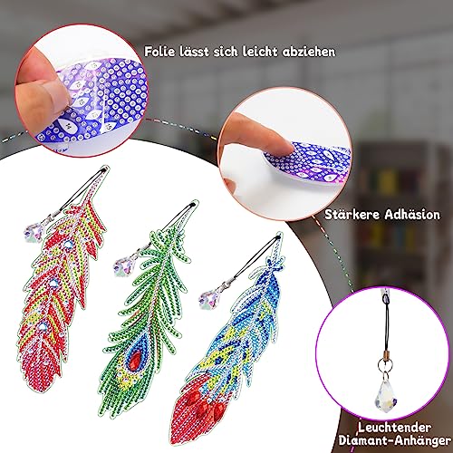 Lymshine Diamond Art Bookmarks Kits, 12 Pcs Diamond Painting Feather Bookmarks with Crystal Pendant - Image 2