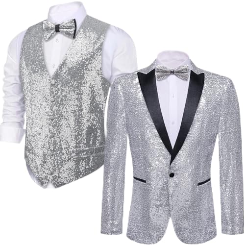 Barry.Wang Mens Sequins Blazer Shiny Vest Waistcoat Bowtie Set Sparkle Dress Suit Jacket Cocktails Shiny Metallic Disco Dance Party Tuxedo Homecoming 4pcs 3XL