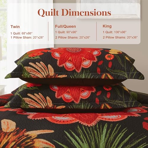 Image of Tyrot 2 Piece Black Red Boho Floral Quilt Sets Twin Size Farmhouse Reversible Lightweight Bedspread Coverlet with 1 Sham Vintage Mid Century Microfiber Bedding Quilts Set for All Season, 68''x86''