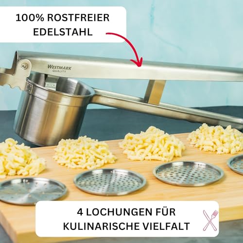 Foto von Westmark Kartoffel-/Spätzlepresse, Mit 4 austauschbaren Lochscheiben, Rostfreier Edelstahl, Quadro, Silber, 61172260 35 x 9 x 16.5 cm