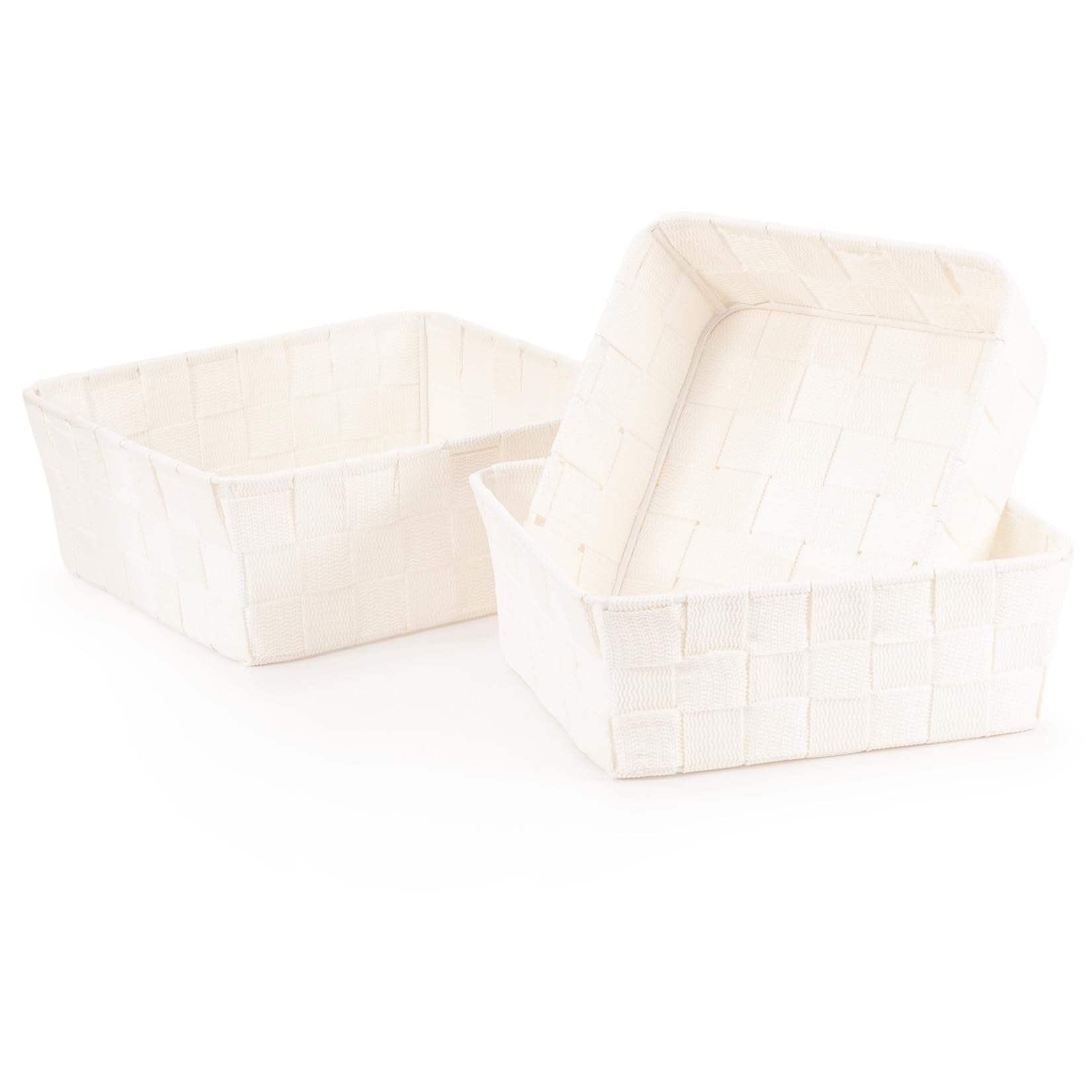 EHC Polypropylene Set of 3 Nestable Storage Boxes, Empty Basket for Gift, Baskets for Shelves, Hand-Woven Storage Box, Display Hamper, Storage Organiser for Bedroom Bathroom Home or Office - Cream