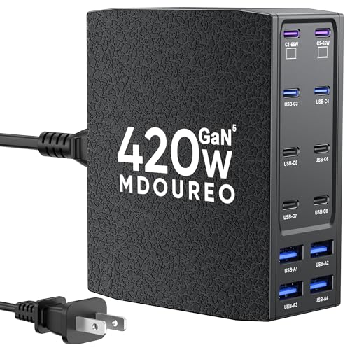 Image of 420W USB C Charger Block, 12-Port USB C Charging Station for Multiple Devices, Leather Texture Dual PD 65W Laptop Fast Charger Compatible with MacBook Pro /Air, iPad, iPhone,Galaxy and More, Black