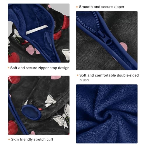 Cherry Bow Hearts on Black Toddler Fleece Jacket Girl Boys Hooded Fleece Jacket Coat Warm Outwear Zip-up 3-10T3