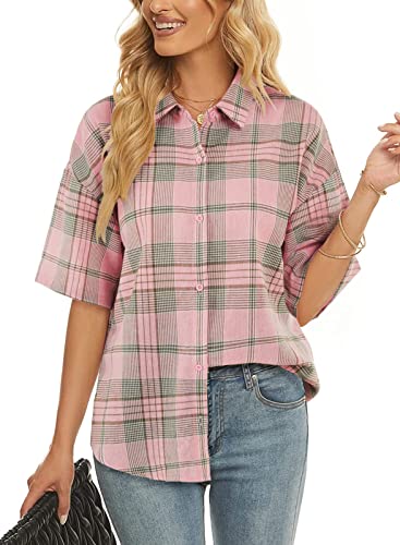 Women's Plaid Short Sleeve Shirts Button Down Shirt Boyfriend Casual Summer Blouse Tops Pink #TOP17