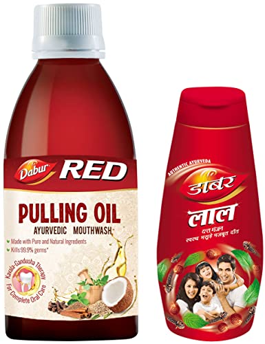 Image of DABUR Red Pulling Oil 195 Ml : Ayurvedic Mouthwash Kavala Gandusha Therapy|Oil Pulling For Oral Detox For Teeth & Gums & Lal Dant Manjan Tooth Powder-150 G