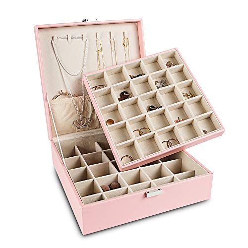 Frebeauty Earring Organizer Classic Jewelry Box 50 Slots Double Layer Jewelry Storage Case with 6 Necklace Hook and Bracelet Pocket (Pink)
