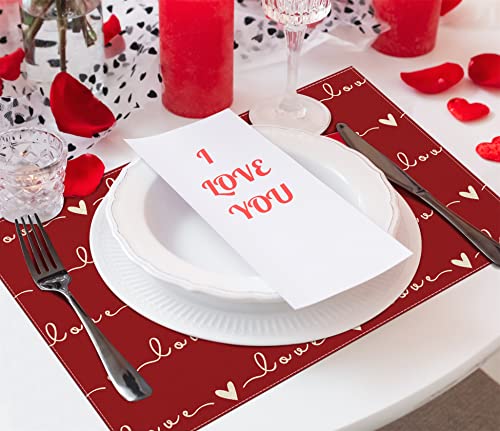 Happy Valentine's Day Placemats Set Of 4,Red Love Hearts Heat-Resistant Place Mats,Anniversary Wedding Table Decors For Farmhouse Kitchen Dining Party 12X18 Inch #TOP4