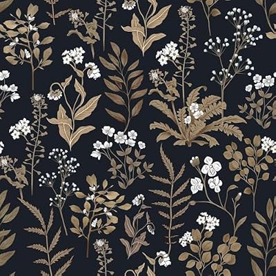 Abyssaly Black and Gold Wallpaper Dark Floral Peel and Stick Wallpaper Vintage Leaf Contact Paper Removable Self Adhesive Waterproof Moody Vinyl Wrap for Bedroom Bathroom Cabinet Decor 17.3" x 196.8"