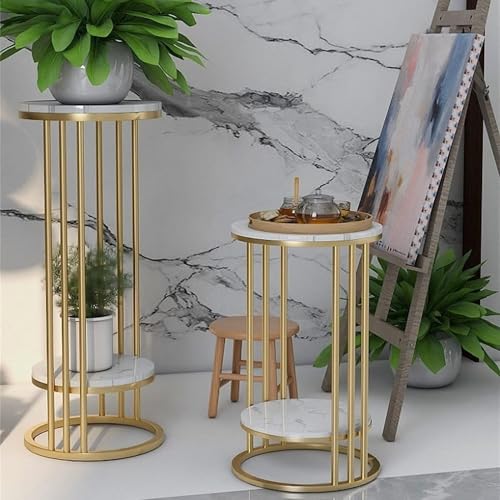 Image of ETIQUETTE ART 2-Tier End Tables, Modern Faux Marble Top Bedside Table End Table with Storage Shelf for Home & Living Room Side & Corner Table Sofa End Table (Gold & White Set of 2)