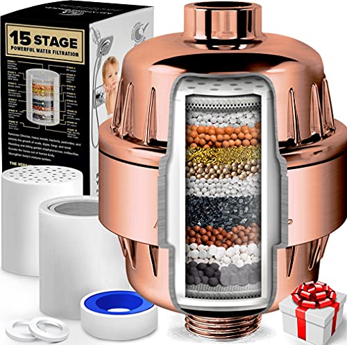 AquaHomeGroup 15 Stage Shower Filter with Vitamin C for Hard Water - High Output Shower Water Filter to Remove Chlorine and Fluoride - 2 Cartridges Included -Consistent Water Flow Showerhead Filter