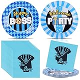 HAPPARTY Boss Birthday Party Supplies- Serve 12 Guests, 7in Boss Theme Paper Plates with 4.9in Napkins, Black Blue Boss Paper Trays and Baby Suit Tissues,Boy Baby Shower Party Decorations