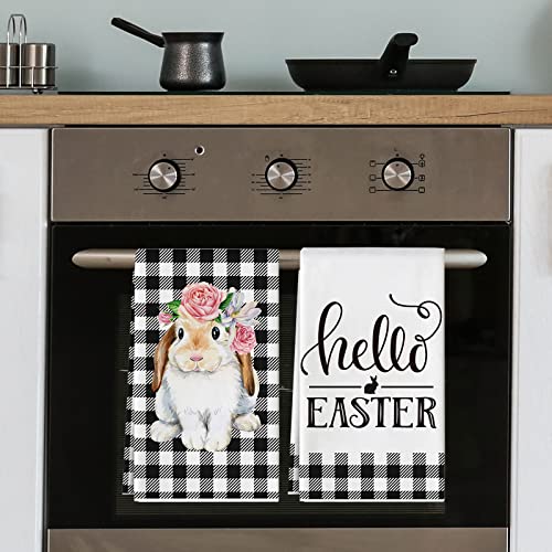 Whaline Easter Kitchen Towel 4 Pack Easter Bunny Rabbit Flowers Dish Towels 18 X 28 Inch White Black Buffalo Plaids Hand Drying Tea Towel For Spring Cooking Baking Cleaning Wipes #TOP6