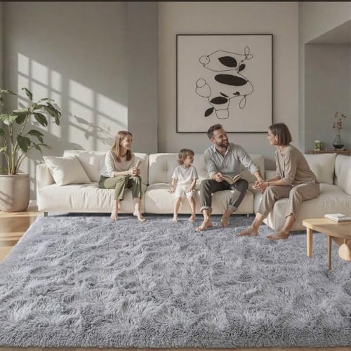 9x12 ft Light Grey Rug for Living Room Fluffy Bedroom Rug Non-Slip Area Rugs Shag Carpet for Nursery Kids Play Room Dorm Office Indoor Modern Plush Carpets Boys