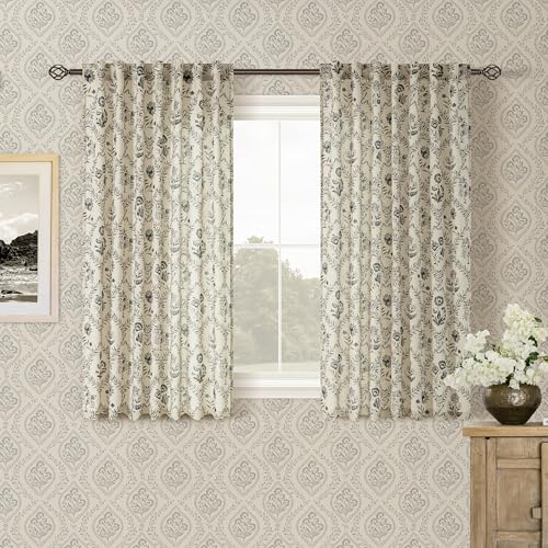 Image of Charcoal Floral Short Linen Curtains 45 Inch Length for Kitchen Back Tab | Farmhouse, Light Filtering, Pattern Print, with Green Black Tone, Small Cafe Curtain, Vintage Farmhouse Panel, Dining Room