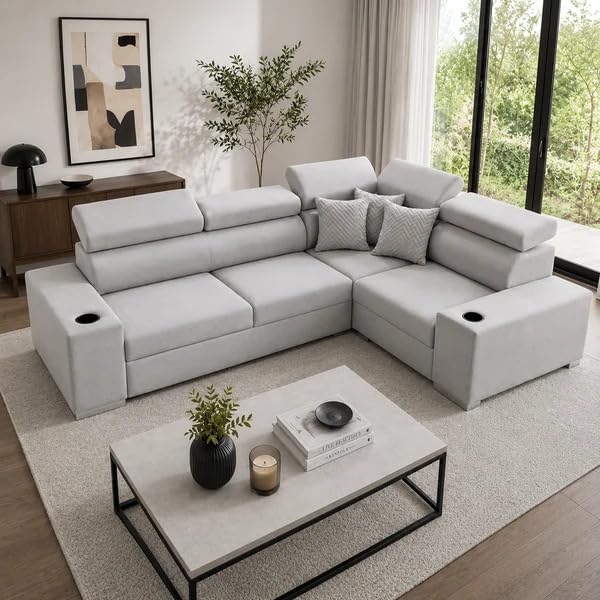 Image of Torque Sienna 4 Seater L Shaped Sofa Set for Living Room - Light Grey-RHS | Premium Fabric Sofa with Adjustable Headrests & Cup Holders | L-Shape 4 Seater Couches