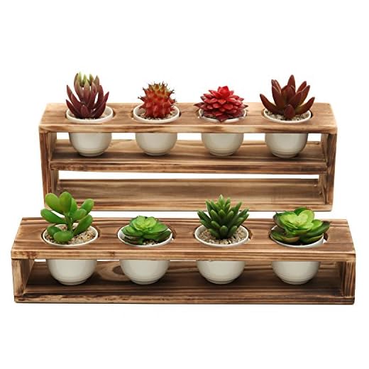 MyGift Rustic Burnt Wood Tiered Succulent Planter Stand with 8 Mini White Ceramic Plant Pots, Set of 2