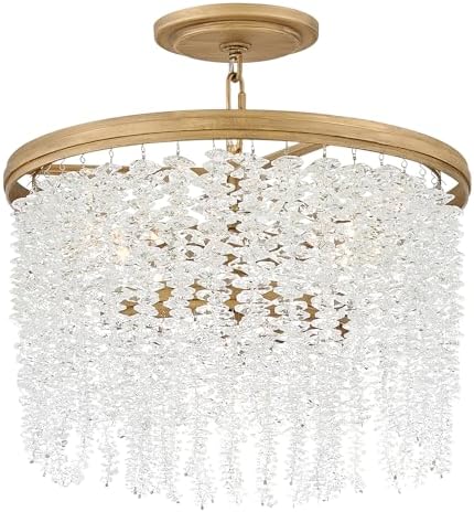 Fredrick Ramond Rubina Medium Convertible Semi-Flush Mount Chandelier - Traditional, Clear Crystal Glass Strands, Chain Hung with (1) 12" Down Rod - Burnished Gold Finish