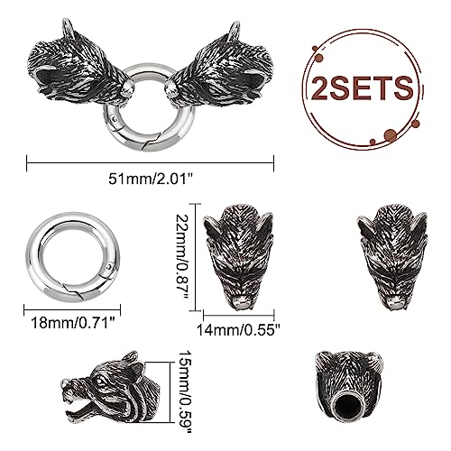 UNICRAFTALE 2 Sets Tibetan Style Stainless Steel Wolf Head End Caps with Spring Gate Rings Animal Bracelet Making Cord Ends O Rings Antique Silver Bracelet Clasps Connected for Jewelry Making - Image 3