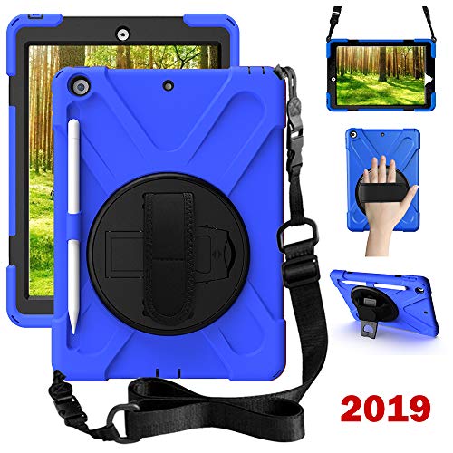 Junfire Coque pour iPad 10.2,2019 avec béquille, iPad 7.Gen Cover avec Porte-Crayon,dragonne et bandoulière 3 Couches Hybride résistant aux Chocs pour iPad 7, 10.2 Pouce, 2019 Bleu