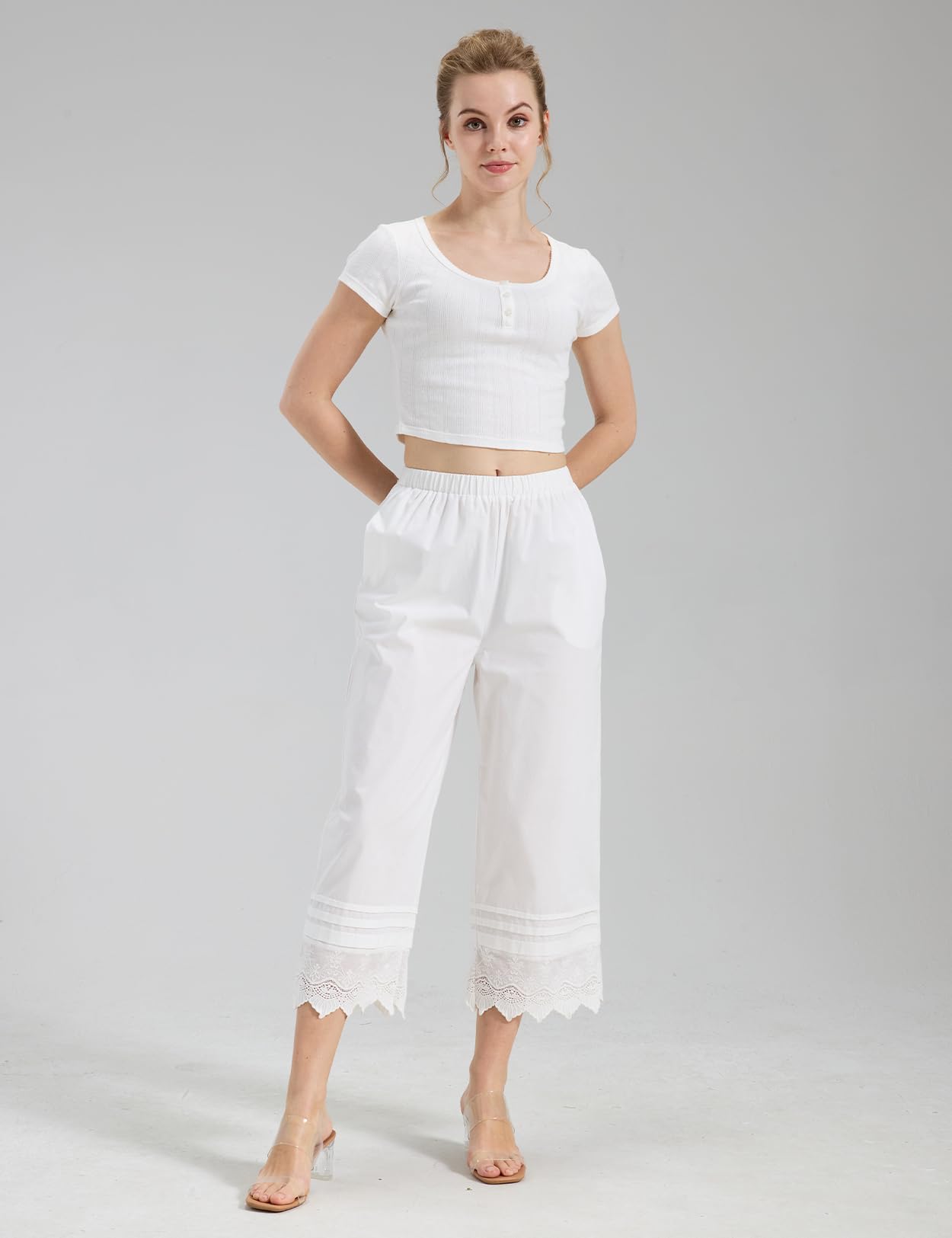 BEAUTELICATE Pantalon De Pyjama Victorien En 100% Coton Jupon Culotte Sous Robe Pantacourt Vintage À Jambe Larges Avec Poches Broderie Anglaise Pour Femme Été Automne Décontracté Blanc