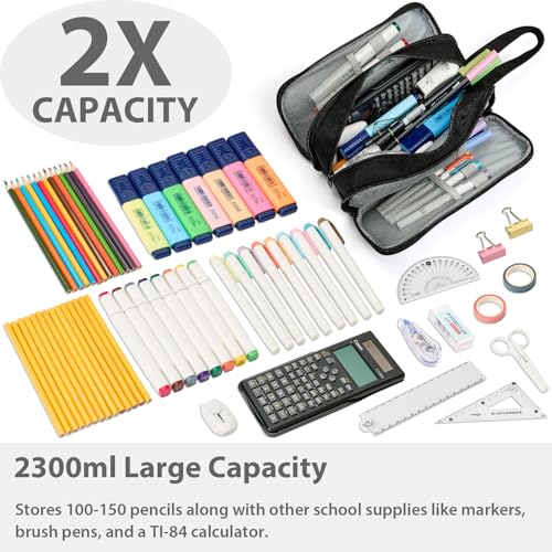 Image of SPACEMATE Pencil Case Pouch Box Bag School Supplies Girls Boys Kids, Cute Preppy Stuff Big Capacity Aesthetic Pen Organizer, Back to College Stationary, Black, Extra Large Style, 2300ml