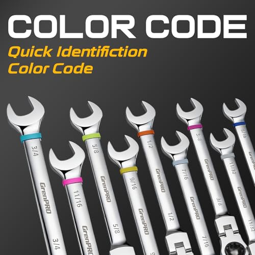Image of GRENPRO 23PC Flex Head Ratcheting Wrench Set SAE & Metric Mechanic Tools | 1 /4 inch-3 /4 inch&6-18MM Bolt Gauge, CR-V Steel 72-Tooth 180-Degree Flex Head 12Pt, Color Rings, Roll Pouch For Auto & Home Repair